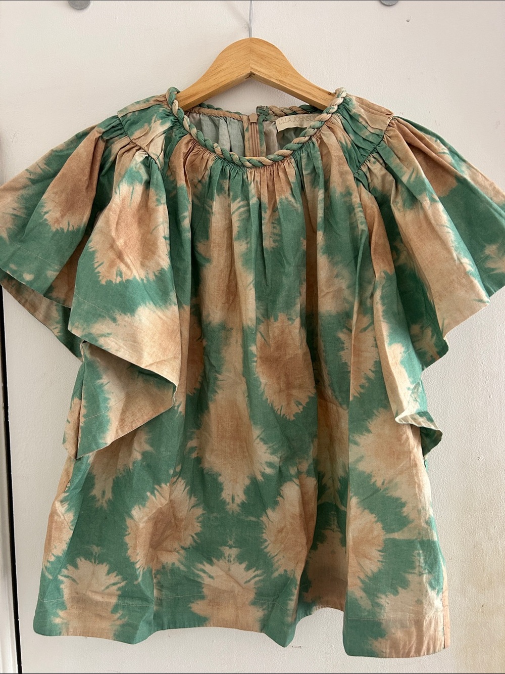 Ulla Johnson Tie-Dye Ruffled Cotton Blouse in Green & Tan